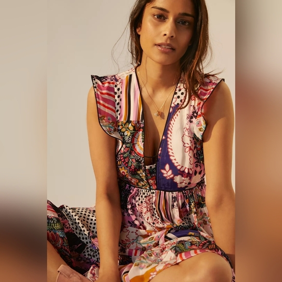 Anthropologie Ruffled Patchwork Midi Dress, Size 10 Petite. - Picture 4 of 10